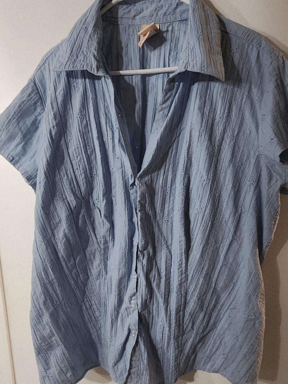 Faded Glory Light Blue Short Sleeve Eyelet Button-Down Shirt